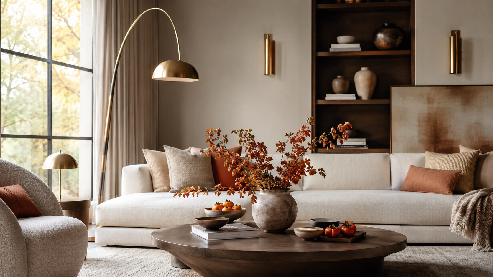 Sophisticated living room with small persimmon accents, champagne brass lighting and warm neutral furniture
